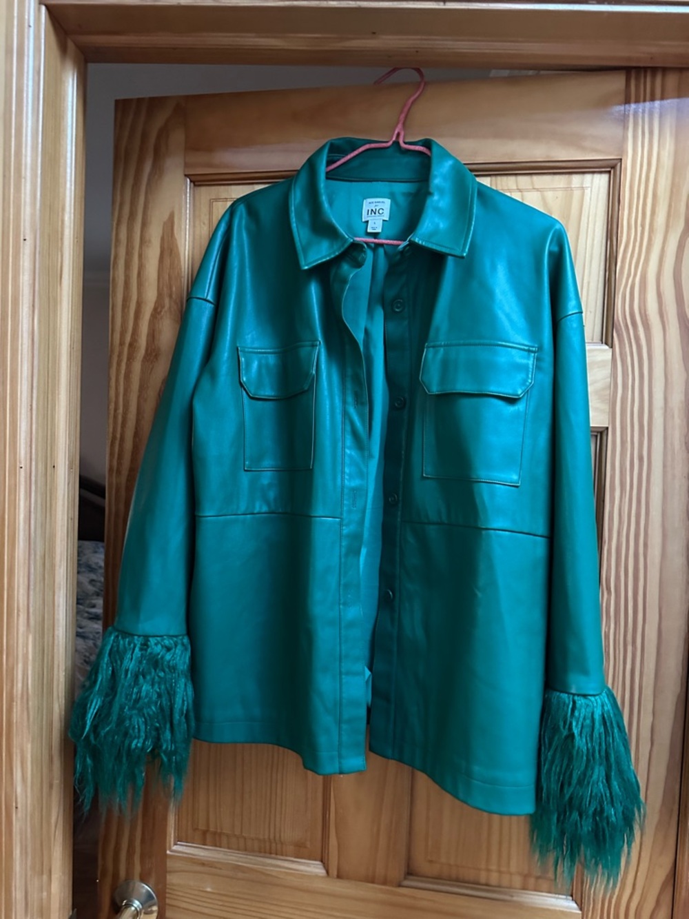 INC International Concepts Teal Faux Leather Jacket with Fringe Cuffs